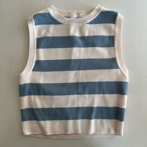 Zara high neck cropped tank, blue and white stripes